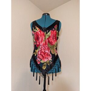 Cache Womens Black Red Floral Beaded Fringe Handkerchief Hem Tank Top Size M